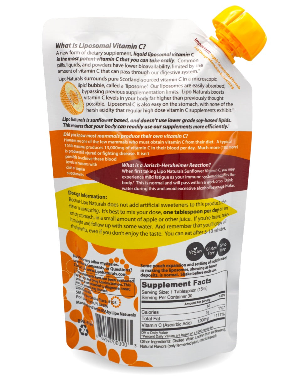 Lipo Naturals Liposomal Vitamin C - Back of Liquid Pouch