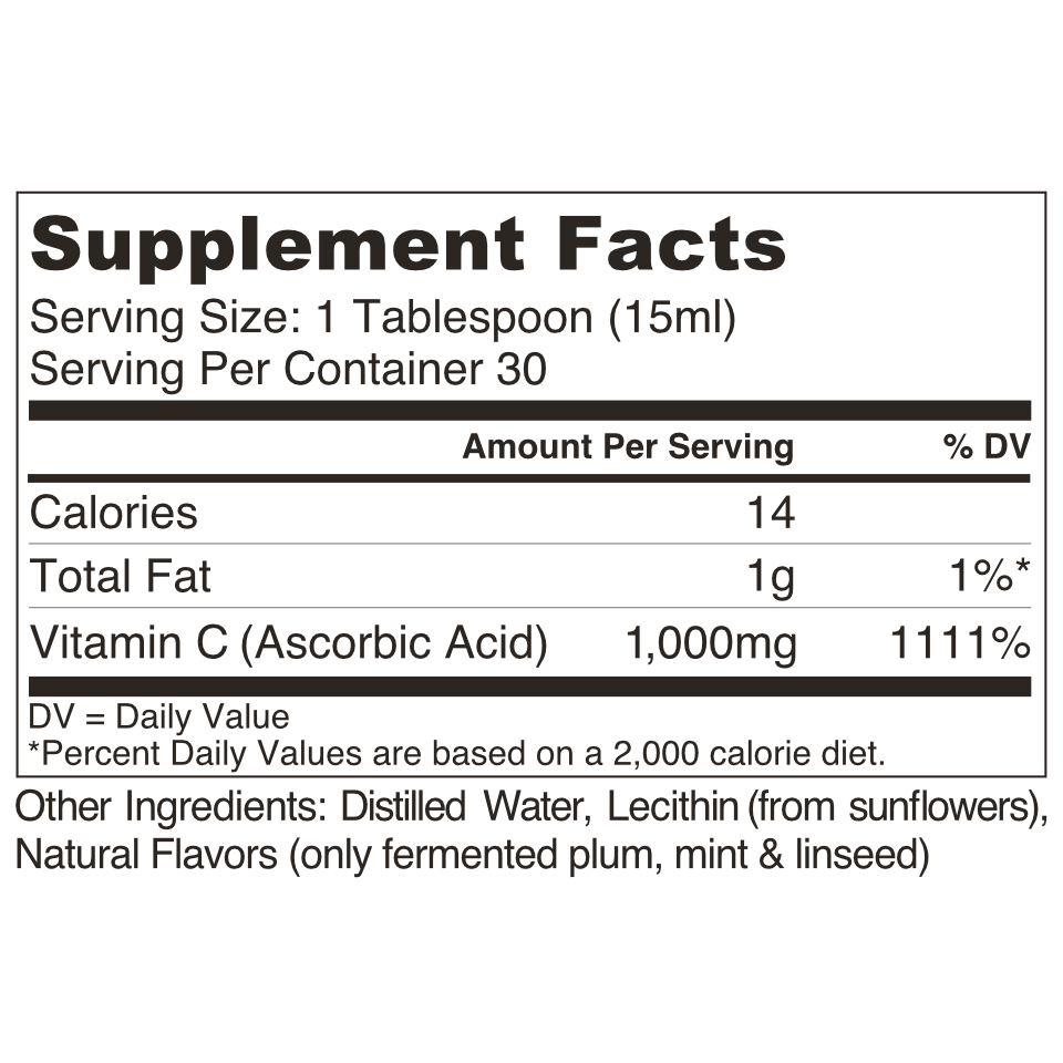 Lipo Naturals Liposomal Vitamin C - Supplement Facts label with 1000mg of Ascorbic Acid type Vitamin C