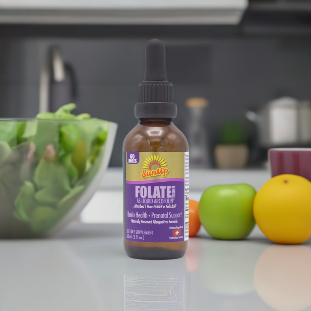 SunUp Liquid Methyl Folate Bottle on Kitchen Counter