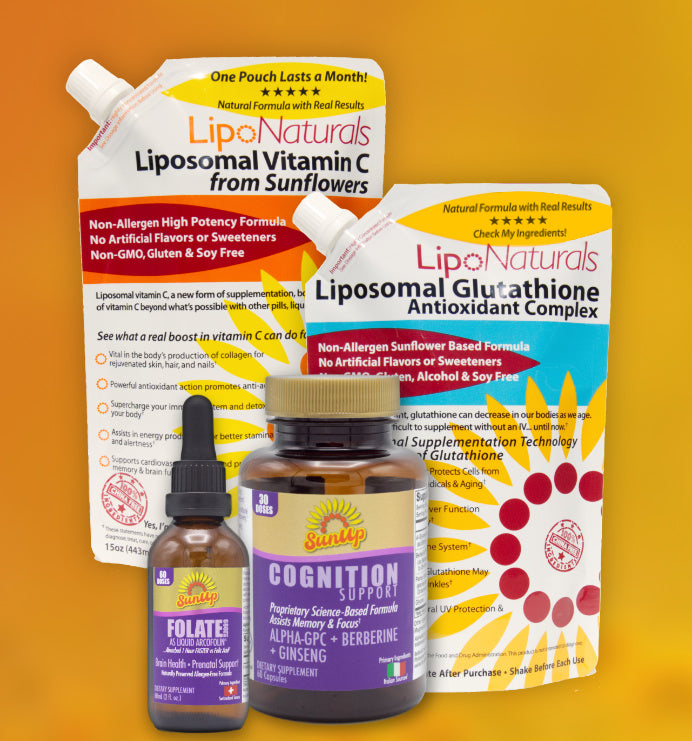 Supplement products including LipoNaturals liposomal vitamin C, glutathione, SunUp Cognition and Folate on an orange background