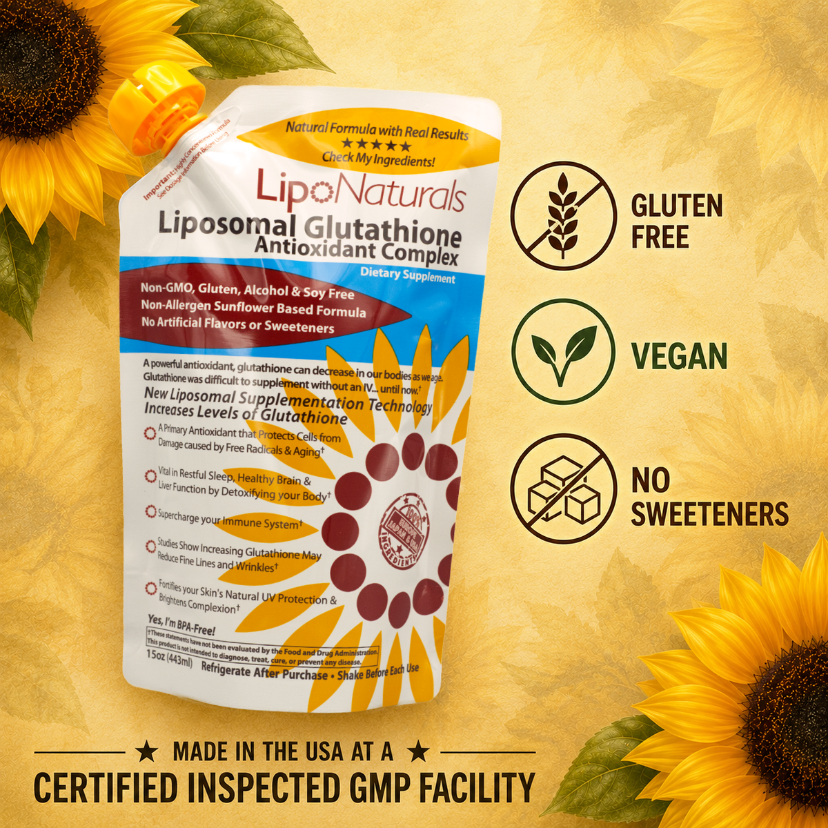 Liponaturals Liposomal Glutathione Antioxidant Complex supplement bottle shown on a golden background with sunflower graphics and callout icons for gluten free, vegan, and no sweeteners.