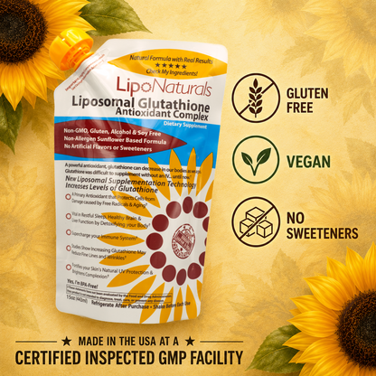 Liponaturals Liposomal Glutathione Antioxidant Complex supplement bottle shown on a golden background with sunflower graphics and callout icons for gluten free, vegan, and no sweeteners.