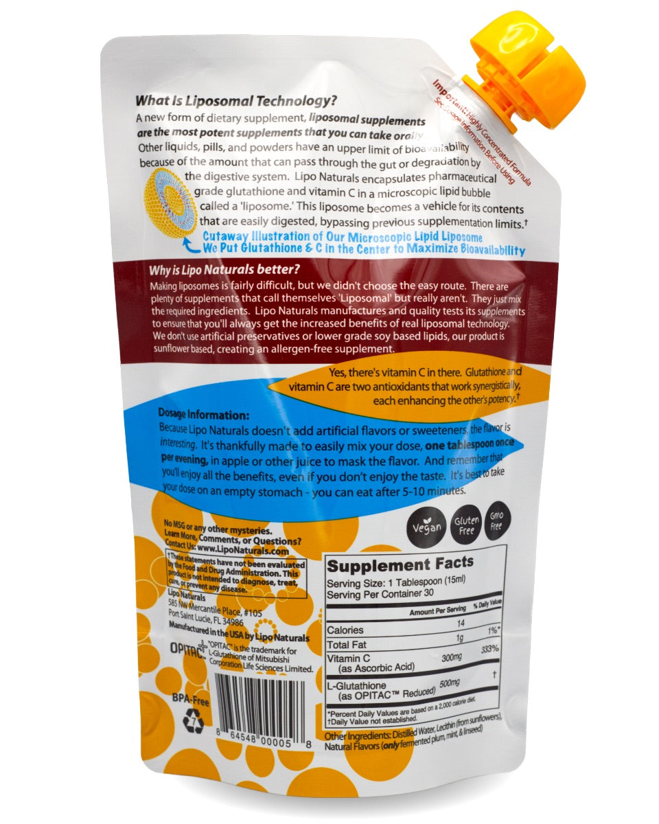 Lipo Naturals Liposomal Glutathione with Vitamin C - Back of Liquid Pouch