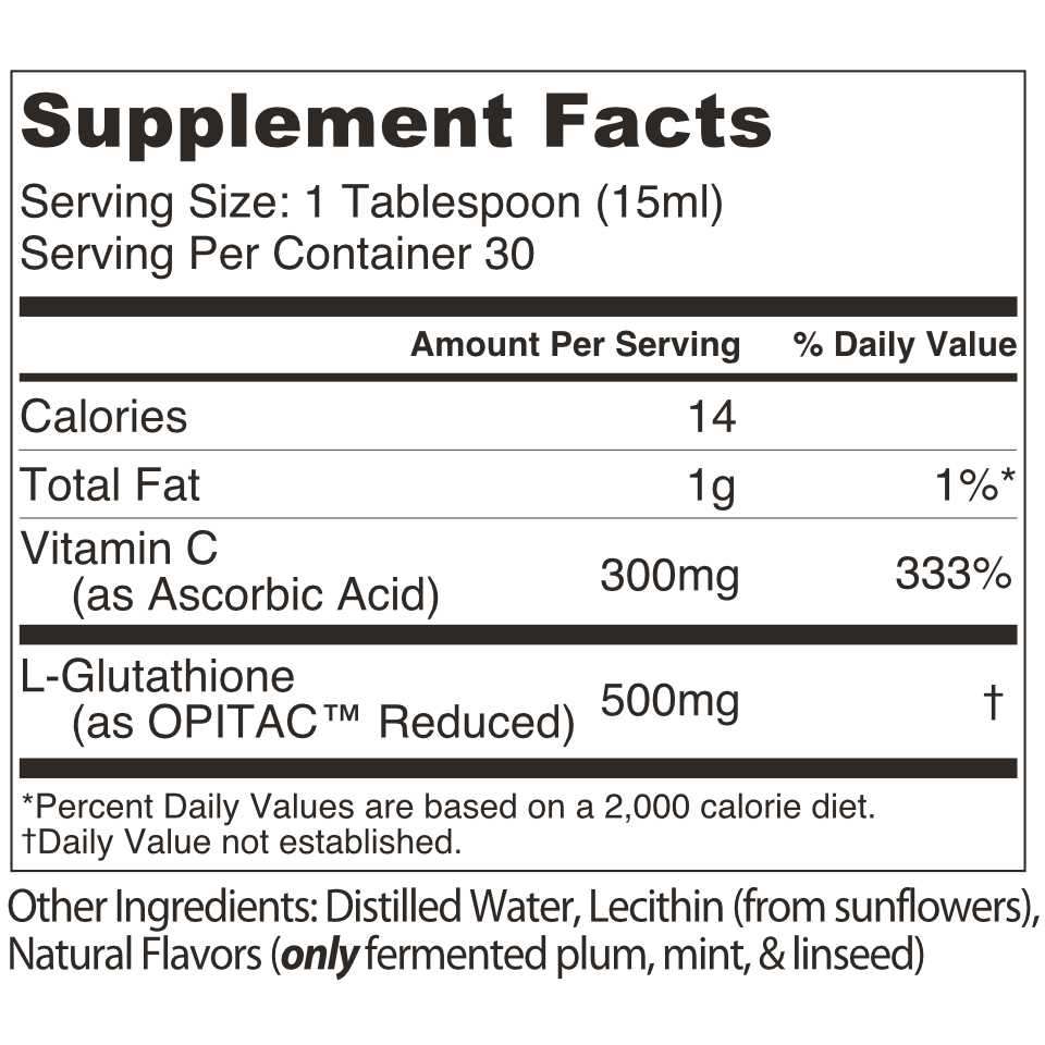 Lipo Naturals Liposomal Glutathione with Vitamin C - Supplement Facts label with 500mg of Reduced Glutathione and 300mg of Vitamin C