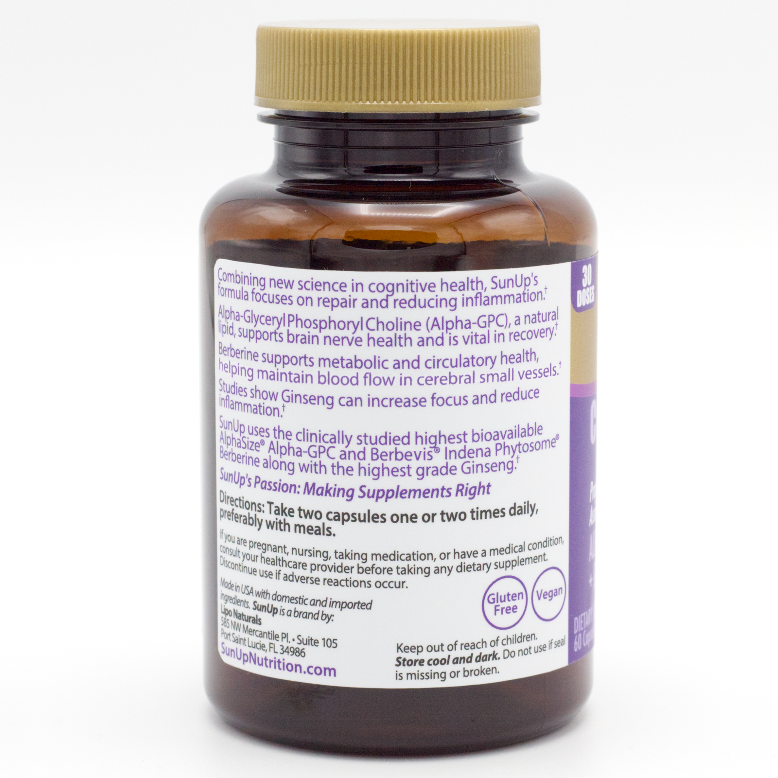 Supplement bottle labeled 'Cognition Support' by SunUp on a white background  with the description visible.