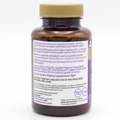 Supplement bottle labeled 'Cognition Support' by SunUp on a white background  with the description visible.