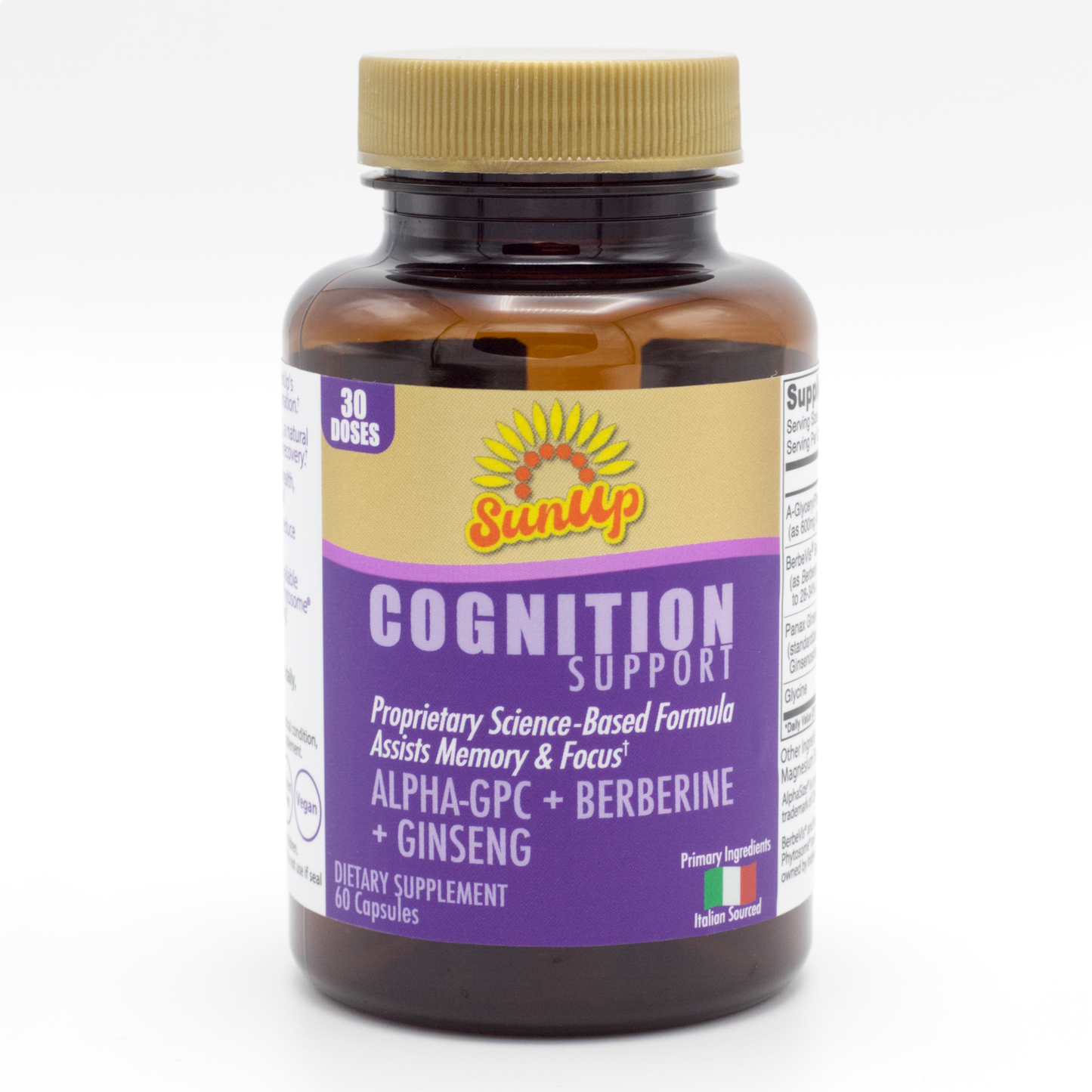 Supplement bottle labeled 'Cognition Support' by SunUp on a white background