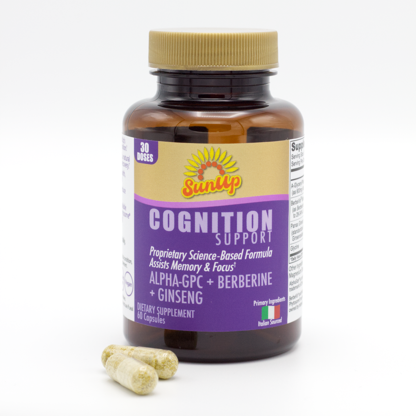 Supplement bottle labeled 'Cognition Support' by SunUp on a white background  with two sample capsules seen.